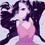  1girl arms_up asymmetrical_bangs black_choker black_hair black_jacket choker dress earrings flat_chest floating_hair green_eyes grey_background highres jacket jewelry looking_at_viewer marie_(pixiv59672544) marnie_(pokemon) open_clothes open_jacket parted_lips pink_dress pokemon pokemon_swsh solo sparkle stud_earrings twintails undercut upper_body 