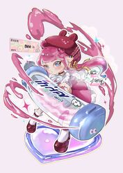  1girl absurdres ahoge artist_name beebee1120 bell beret blue_eyes center_frills choker commentary_request decavitator_(splatoon) earrings frills full_body hair_ornament hair_ribbon hat heart heart-shaped_gem heart_hair_ornament heart_in_eye highres holding holding_weapon jewelry light_blush long_hair long_sleeves mary_janes neck_bell octoling octoling_girl octoling_player_character ornate_ring outline outstretched_arms parted_lips pink_gemstone pink_hair pink_skirt red_choker red_footwear red_hat ribbon ring shirt shoes skirt socks solo splashtag_(splatoon) splatoon_(series) splatoon_3 standing symbol_in_eye tentacle_hair weapon white_outline white_shirt white_socks yellow_ribbon 