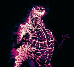  alternate_form arms_up black_background burning burning_godzilla carnotauris claws embers fire glowing glowing_eyes godzilla godzilla_(series) godzilla_vs._destoroyah highres monster open_mouth scales sharp_teeth simple_background smoke_trail solo teeth white_eyes 