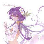  1girl brown_dress closed_mouth dress flower frilled_sleeves frills hair_between_eyes hair_flower hair_ornament highres huangyou long_hair long_sleeves looking_at_viewer purple_hair simple_background solo touhou tsukumo_benben upper_body violet_eyes white_background white_flower 
