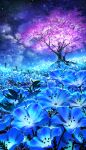  absurdres blue_flower cherry_blossoms field flower flower_field flower_focus flower_request galaxy highres landscape nature night no_humans original outdoors rope_fence scenery sky smile_(qd4nsvik) star_(sky) starry_sky tree 