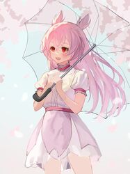  1girl :d blue_background cherry_blossom_cookie cone_hair_bun cookie_run cowboy_shot day dot_nose double-parted_bangs double_bun dress falling_petals flat_chest gradient_background hair_bun hands_up highres holding holding_umbrella humanization layered_dress legs_apart light_blush long_hair looking_ahead neck_ribbon open_mouth outdoors own_hands_together petals pink_hair pink_petals pink_ribbon pink_sash puffy_short_sleeves puffy_sleeves red_eyes ribbon rukadezu sash short_sleeves sleeve_ribbon smile solo standing sunlight topknot transparent transparent_umbrella turtleneck two_side_up umbrella unfinished white_dress white_petals wind 