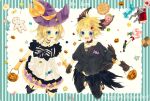  1boy 1girl animal_ears blonde_hair blue_eyes blush bridal_garter candy character_name checkerboard_cookie collar cookie dress fang food garter_straps gingerbread_man gloves hair_ornament hairclip halloween halloween_bucket hat highres holding holding_hands jewelry kagamine_len kagamine_rin koume_keita lollipop midriff_peek necklace off-shoulder_dress off_shoulder open_mouth shirt short_hair single_garter_strap single_thighhigh skeleton_print smile swirl_lollipop tail thigh-highs torn_clothes torn_shirt vocaloid witch_hat wolf_ears wolf_tail wrapped_candy 