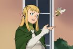 1girl 1other blonde_hair blue_eyes braid cloak dungeon_meshi elf fairy fairy_(dungeon_meshi) flower_wreath flying french_braid gorget green_cloak hand_up highres is_this_a_pigeon_(meme) long_sleeves meme multiple_girls open_mouth pattadol pointing pointing_at_another pointy_ears r_bishh tunic upper_body white_tunic wings 