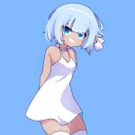  1girl blue_background blue_eyes blue_hair cross_(vgne4542) dark_skin dress highres jelly_hoshiumi phase_connect short_hair simple_background solo white_dress 