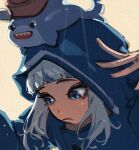  1girl animal_costume bloop_(gawr_gura) blue_eyes blue_hair blue_hoodie blue_raincoat closed_mouth commentary cropped edwin62293123 english_commentary fish gawr_gura gawr_gura_(1st_costume) grey_hair highres hololive hololive_english hood hood_up hoodie multicolored_hair portrait rain raincoat shark_costume solo streaked_hair tail virtual_youtuber white_footwear 