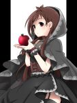  1girl absurdres antenna_hair apple black_dress black_scrunchie black_thighhighs blush breasts brown_corset brown_hair choker corset cowboy_shot dress food from_side fruit garter_straps hands_up highres holding holding_food holding_fruit hood hood_up idolmaster idolmaster_cinderella_girls idolmaster_cinderella_girls_starlight_stage lace-trimmed_dress lace_trim long_hair looking_at_viewer maka073 medium_breasts parted_lips red_choker red_eyes scrunchie shaded_face simple_background thigh-highs tsujino_akari two-tone_background underbust wrist_scrunchie 
