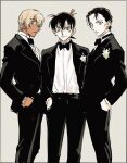  3boys akai_shuuichi amuro_tooru black_bow black_bowtie blonde_hair blue_eyes bow bowtie brown_hair cowboy_shot dark-skinned_male dark_skin flower grey_background hair_between_eyes hair_slicked_back hands_in_pockets highres looking_at_viewer looking_to_the_side male_focus masso meitantei_conan multiple_boys profile short_hair simple_background tuxedo tuxedo_jacket 