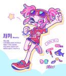  1girl arm_up black_shorts character_name character_profile commentary_request dolphin_shorts dot_nose eyewear_on_head flingza_roller_(splatoon) full_body heavy_splatling_(splatoon) highres inkling inkling_girl inkling_player_character korean_commentary medium_hair one_eye_closed open_mouth pink_hair pink_trim print_shirt red-framed_eyewear red_eyes red_shirt shark sharp_teeth shirt short_twintails shorts simple_background smile splatoon_(series) standing standing_on_one_leg star_(symbol) star_in_eye sunglasses symbol_in_eye teeth tentacle_hair twintails ufo_sw upper_teeth_only white_background 