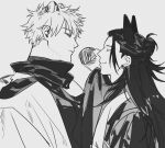  2boys animal_ears cat_ears closed_eyes closed_mouth dog_ears earrings getou_suguru gojou_satoru greyscale hair_bun highres japanese_clothes jewelry jujutsu_kaisen kesa kimono long_hair looking_at_another male_focus monochrome multiple_boys my_onenon1y scarf short_hair single_hair_bun smile snow_leopard_boy snow_leopard_ears snow_leopard_tail stud_earrings 