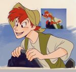  1boy black_eyes blush br&#039;er_fox_(disney) bright_pupils brown_hat derivative_work green_vest hat humanization leaning_forward lower_teeth_only male_focus open_mouth redhead reference_inset screenshot_redraw shirt short_hair solo song_of_the_south teeth uochandayo upper_body vest white_pupils white_shirt 