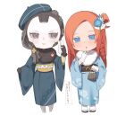  2girls :o alternate_costume android animification apex_legends ash_(titanfall_2) ashleigh_reid bag beret black_gloves black_hair blue_eyes blue_flower blue_hat blue_kimono blush braid cable_hair chibi colored_sclera cracked_skin dual_persona flower furisode gloves grey_eyes grey_sclera hair_flower hair_ornament hat highres holding holding_bag japanese_clothes kimono long_hair looking_to_the_side multiple_girls nagoooon_114 obi orange_hair sash smile socks translation_request white_gloves white_socks 