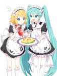  2girls absurdres alternate_costume apron back_bow blonde_hair blue_eyes blue_hair bow collar dress enmaided flying_sweatdrops food frilled_collar frilled_dress frilled_socks frills gloves hair_ornament hairclip hatsune_miku highres holding holding_plate itogari kagamine_rin ketchup_bottle long_hair maid maid_headdress medium_hair multiple_girls omelet omurice open_mouth plate short_sleeves smile socks thigh-highs twintails very_long_hair vocaloid 