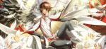  1boy arm_on_knee arm_support artist_request black_pants blurry blurry_foreground boots brown_hair chain cloak closed_mouth clouds cloudy_sky code_geass code_geass:_lost_stories fake_wings feathered_wings feathers floating_clothes flower game_cg gem green_eyes grey_sky happy highres knee_boots knee_up kururugi_suzaku layered_sleeves leaning_back light_particles light_rays lily_(flower) long_sleeves looking_at_viewer male_focus non-web_source official_art outdoors pants pillar red_gemstone shirt short_hair short_over_long_sleeves short_sleeves sidelocks sitting sky smile solo split_mouth statue sunlight tabard white_cloak white_feathers white_footwear white_shirt wings 