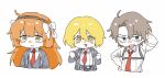  1boy 2girls :3 :d alternate_skin_color arm_up blonde_hair blush_stickers bow brown_hairband chest_harness don_quixote_(project_moon) hairband harness heathcliff_(project_moon) highres ishmael_(project_moon) limbus_company long_hair multiple_girls necktie open_mouth orange_hair project_moon red_necktie rnaro_maro rope shirt short_hair short_sleeves sidelocks smile very_long_hair violet_eyes white_bow white_shirt yellow_eyes 