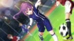  1girl 22/7 22/7_ongaku_no_jikan ahoge alternate_hairstyle ball blue_shorts blurry depth_of_field dutch_angle fang flying_sweatdrops game_cg hair_between_eyes highres lens_flare long_sleeves motion_blur non-web_source official_art open_mouth outdoors ponytail purple_hair shoes shorts sneakers soccer soccer_ball soccer_field soccer_uniform socks sparkle sportswear tojo_yuki violet_eyes white_socks 