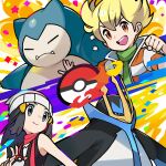  1boy 1girl absurdres barry_(pokemon) beak black_hair black_shirt blonde_hair blue_eyes bracelet claws clenched_hand collared_shirt commentary dawn empoleon fangs green_scarf grey_eyes highres hikari_(pokemon) holding holding_poke_ball jewelry long_hair looking_at_another multicolored_background official_art open_hand open_mouth orange_eyes pink_scarf poke_ball poke_ball_(basic) poke_ball_print poke_ball_symbol pokemon pokemon_(creature) pokemon_dppt print_headwear scarf shirt sleeveless sleeveless_shirt smile snorlax striped_clothes striped_shirt teeth tongue upper_teeth_only white_hat 