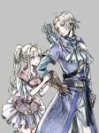  1boy 1girl aristocratic_clothes blonde_hair boots brother_and_sister clarine_(fire_emblem) fingerless_gloves fire_emblem fire_emblem:_the_binding_blade gloves high_ponytail klein_(fire_emblem) layered_capelet ponytail purple_shirt quiver shirt siblings sidelocks t_misaomaru thigh_boots violet_eyes 