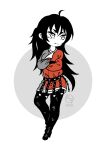  1girl absurdres ahoge black_hair boots chinese_clothes closed_mouth crossed_arms fatrabbitr freckles full_body garter_straps hanfu highres long_hair long_sleeves raven_branwen rwby_chibi skirt solo thigh-highs white_eyes yuanlingshan 