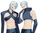  2boys abs androgynous bare_pectorals bare_shoulders bishounen blue_eyes dante_(devil_may_cry) devil_may_cry_(series) devil_may_cry_3 hair_between_eyes hair_slicked_back highres long_sleeves looking_at_viewer male_focus midriff multiple_boys muscular muscular_male open_clothes open_mouth pectorals siblings simple_background sleeveless sleeves_past_wrists smile toned twins vergil_(devil_may_cry) white_background white_hair ykim01989882 