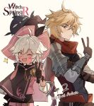  1boy 1girl armor belt bird black_jack_(witch_springs) blonde_hair blush cape english_commentary gauntlets highres justice_(witch_springs) medium_hair official_art one_eye_closed open_mouth pieberry_(witch_springs) promotional_art red_eyes scarf shoulder_armor v white_hair witch_springs 