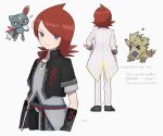  1boy alternate_color black_jacket closed_mouth coat cowlick eneko_(olavcnkrpucl16a) flipped_hair grey_eyes grey_shirt highres jacket long_hair male_focus musical_note official_alternate_costume open_clothes open_jacket pants parted_bangs pokemon pokemon_(creature) pokemon_masters_ex redhead shiny_pokemon shirt shoes short_sleeves silver_(champion)_(pokemon) silver_(pokemon) silver_(sygna_suit)_(pokemon) sneasel standing translation_request tyranitar white_background white_coat white_pants 