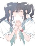  2girls black_hair blue_neckerchief blue_sailor_collar blush closed_mouth commentary ear_blush forehead-to-forehead from_side hashtag-only_commentary heads_together hibike!_euphonium highres holding_hands interlocked_fingers kasaki_nozomi kitauji_high_school_uniform liz_to_aoi_tori long_hair molu_stranger multiple_girls neckerchief noses_touching ponytail profile sailor_collar school_uniform serafuku shirt short_sleeves simple_background smile upper_body watch watch white_background white_shirt yoroizuka_mizore yuri 