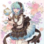  1girl :d bad_id bad_pixiv_id black_footwear blue_hair boots cookie cup dress ensemble_stars! floral_background flower food frilled_dress frills genderswap genderswap_(mtf) hands_up highres holding holding_cup holding_teapot long_sleeves looking_at_viewer macaron meremero open_mouth orange_flower pink_flower pink_rose purple_flower rose shino_hajime short_hair smile solo standing standing_on_one_leg sugar_cube teacup teapot violet_eyes white_flower 