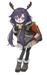  1girl antlers backpack bag bandaid bandaid_on_face bandaid_on_nose bell black_pantyhose boots brown_footwear brown_jacket brown_mittens cropped_jacket dress fringe_trim fur-trimmed_boots fur-trimmed_hood fur-trimmed_sleeves fur_trim goshiki_agiri green_dress hair_flaps hair_over_shoulder hand_up highres hitonatz hood hooded_jacket horns jacket kill_me_baby kirara_fantasia leaning_forward looking_at_viewer low_twintails mittens neck_bell open_mouth pantyhose purple_hair reindeer_antlers short_dress simple_background smile solo standing twintails violet_eyes white_background 