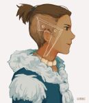  1boy artist_name avatar:_the_last_airbender avatar_legends blue_eyes boomerang brown_hair commentary dark-skinned_male dark_skin english_commentary from_side highres hood hood_down jewelry litarnes male_focus necklace ponytail short_hair simple_background sokka solo 