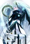  1girl absurdres aqua_hair black_dress black_scarf braid breasts crown_braid curled_horns dress fate/grand_order fate_(series) hair_between_eyes highres horns kino_kokko larva_tiamat_(fate) larva_tiamat_(second_ascension)_(fate) long_hair long_horns long_sleeves looking_at_viewer pantyhose pink_eyes pointy_ears revision scarf sidelocks sleeves_past_fingers sleeves_past_wrists small_breasts smile solo symbol-shaped_pupils tail tiamat_(fate) twintails very_long_hair white_pantyhose 