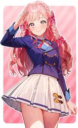  1girl absurdres aikatsu!_(series) aikatsu_academy! blazer blue_jacket blush border bow braid center_frills closed_mouth commentary_request curly_hair frilled_bow frilled_shirt frills hair_bow hand_up heart heart_in_eye highres himeno_mieru jacket long_hair long_sleeves looking_at_viewer multiple_hair_bows neck_ribbon pink_background pink_bow pink_hair pink_lips pink_ribbon pleated_skirt raiden_(kdsn3783) ribbon salute school_uniform shirt skirt smile solo star_ornament starlight_academy_school_uniform striped_background symbol_in_eye thighs virtual_youtuber white_background white_border white_bow white_shirt white_skirt 