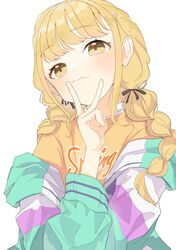  1girl :3 blonde_hair blush braid fujita_kotone gakuen_idolmaster hair_ribbon head_tilt highres idolmaster jacket jacket_partially_removed kumakono long_hair looking_ahead multicolored_clothes multicolored_jacket ribbon shirt simple_background solo twin_braids upper_body v v_over_mouth white_background yellow_eyes yellow_shirt 