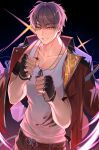  1boy absurdres belt blood blood_on_clothes brown_eyes brown_hair commission fingerless_gloves gloves highres jacket jewelry male_focus original pixiv_commission ring smile solcha tank_top 