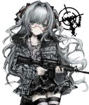  1girl bad_id bad_twitter_id black_nails black_skirt chan8016 cowboy_shot fur-trimmed_hood fur_trim glasses grey_hair grey_jacket grey_shirt gun hair_ribbon highres holding holding_weapon hood hooded_jacket inactive_account jacket jewelry long_hair long_sleeves looking_at_viewer nail_polish necklace open_clothes open_jacket open_mouth original plaid plaid_jacket red-framed_eyewear ribbon rifle shirt skirt smile solo standing striped_clothes striped_thighhighs thigh-highs two_side_up weapon 