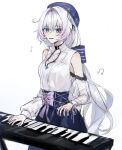  1girl blue_eyes blue_hat blue_pendant blue_skirt breasts detached_sleeves hat highres honkai_(series) honkai_impact_3rd instrument keyboard_(instrument) kiana_kaslana long_hair looking_at_viewer medium_breasts music musical_note official_alternate_costume playing_instrument see-through see-through_sleeves shirt skirt sleeveless sleeveless_shirt solo very_long_hair white_background white_hair white_shirt zero-sai 