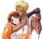  blonde_hair brown_hair couple dearka_elsman flirting green_eyes gundam gundam_seed gundam_seed_destiny hair_dryer lukaaa miriallia_haw shower_(place) towel underwear 