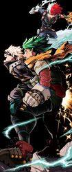  3boys absurdres bakugou_katsuki belt belt_pouch black_background black_eyes black_mask black_pants blonde_hair blue_eyes bodysuit boku_no_hero_academia boots bright_pupils burn_scar cape commentary cryokinesis diffraction_spikes electricity explosion explosive eye_mask fire floating_cape floating_hair flying freckles from_side full_body gloves green_bodysuit green_eyes green_hair grenade hair_between_eyes hands_up heterochromia high_collar highres hiro_illust11 ice knee_boots knee_pads leaning_forward legs_apart looking_ahead looking_to_the_side male_focus midoriya_izuku multicolored_hair multiple_boys official_alternate_costume on_rock open_mouth outstretched_arms pants parted_hair pouch profile pyrokinesis red_belt red_eyes redhead rock scar scar_on_face serious short_hair short_sleeves simple_background sliding sparkle spiky_hair split-color_hair spoilers spread_arms standing todoroki_shouto torn_cape torn_clothes two-tone_hair utility_belt v-shaped_eyebrows white_footwear white_gloves white_hair white_pupils yellow_cape 