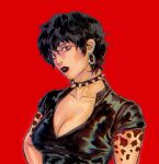  1girl arm_tattoo artist_name black_hair black_lips choker doll_(one_piece) earrings english_commentary eyelashes hand_on_own_hip highres jewelry leather_shirt nirelle_art one_piece red_background red_eyes short_hair simple_background solo spiked_choker spikes tattoo upper_body 