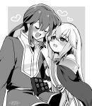  1boy 1girl blush brother_and_sister candy chocolate closed_eyes dress feeding fire_emblem fire_emblem:_genealogy_of_the_holy_war food greyscale heart heart-shaped_chocolate julia_(fire_emblem) long_hair monochrome open_mouth ponytail seliph_(fire_emblem) siblings simple_background yukia_(firstaid0) 