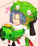  1boy black_gloves blue_hair cacnea carnivine closed_eyes gloves james_(pokemon) open_mouth pink_background pokemon pokemon_(anime) pokemon_(creature) ruru_kirby sparkle team_rocket team_rocket_uniform 