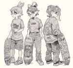  3girls alternate_costume alternate_hair_length alternate_hairstyle arm_at_side baggy_clothes bow-shaped_hair callie_(splatoon) can closed_mouth clothes_writing drink_can earrings english_commentary from_behind full_body graphite_(medium) greyscale head_tilt highres holding holding_can holding_skateboard hoop_earrings inkling jewelry looking_at_viewer looking_back looking_to_the_side marie_(splatoon) mole mole_under_eye monochrome multiple_girls octoling octoling_girl octoling_player_character pants pointy_ears shirt shirt_tucked_in shoes short_hair short_sleeves shorts simple_background skateboard sleeves_past_wrists smile sneakers splatoon_(series) standing sweater tentacle_hair topknot traditional_media yellow_background yuta_agc 