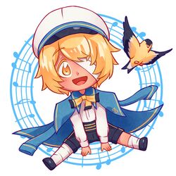  1boy :d adapted_costume bandages bird black_footwear black_shorts blonde_hair blue_coat blush coat deformed dot_nose friendlily full_body hat highres james_(vocaloid) musical_note oliver_(vocaloid) open_clothes open_coat open_mouth shorts simple_background smile tan tongue vocaloid white_background white_hat yellow_eyes 