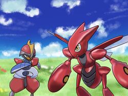  bisharp blue_sky bug claws colored_skin grass insect_wings looking_at_another pokemon pokemon_(creature) red_skin redamber334 scizor sky trait_connection wings 