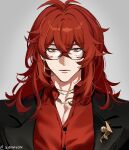  1boy alternate_costume black_suit closed_mouth collared_shirt diluvio earrings eriimyon genshin_impact glasses highres jewelry long_hair male_focus necklace red_eyes red_shirt redhead shirt simple_background solo suit white_background 