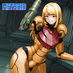  1girl arm_cannon armor blonde_hair bodysuit copyright_name grey_eyes highres long_hair looking_at_viewer metroid minamoto80486 opencanvas_(medium) power_armor power_suit_(metroid) samus_aran science_fiction smile solo swept_bangs weapon 