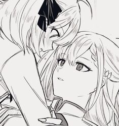  2girls anisphia_wynn_palettia aoki_shizumi blush commentary euphyllia_magenta eye_contact greyscale hair_ribbon hand_on_another&#039;s_arm hashtag-only_commentary long_hair looking_at_another medium_hair monochrome multiple_girls parted_lips ribbon tensei_oujo_to_tensai_reijou_no_mahou_kakumei upper_body yuri 