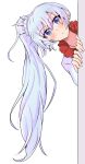  1girl absurdres bakuma blue_eyes closed_mouth earrings hair_between_eyes hand_on_wall highres jewelry leaning leaning_to_the_side long_hair looking_at_viewer necklace ponytail rwby scar scar_across_eye solo tiara weiss_schnee white_background white_hair 