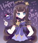  1girl bad_id bad_twitter_id blue_eyes brown_hair closed_mouth cowboy_shot dated dress fur_collar hand_up happy_birthday index_finger_raised kurosu_aroma long_hair looking_at_viewer neck_ribbon pretty_series pripara purple_background purple_dress purple_ribbon ribbon smile solo star_(symbol) uzupico wrist_cuffs 