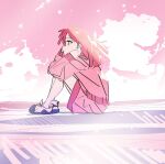  1girl bocchi_the_rock! clouds commentary_request from_side full_body hand_on_own_face hands_up highres jacket kerorira kita_ikuyo knees_up long_hair long_sleeves outdoors pink_hair pink_jacket pink_shorts pink_sky pink_theme profile shoes shorts sitting sky sneakers solo wind 